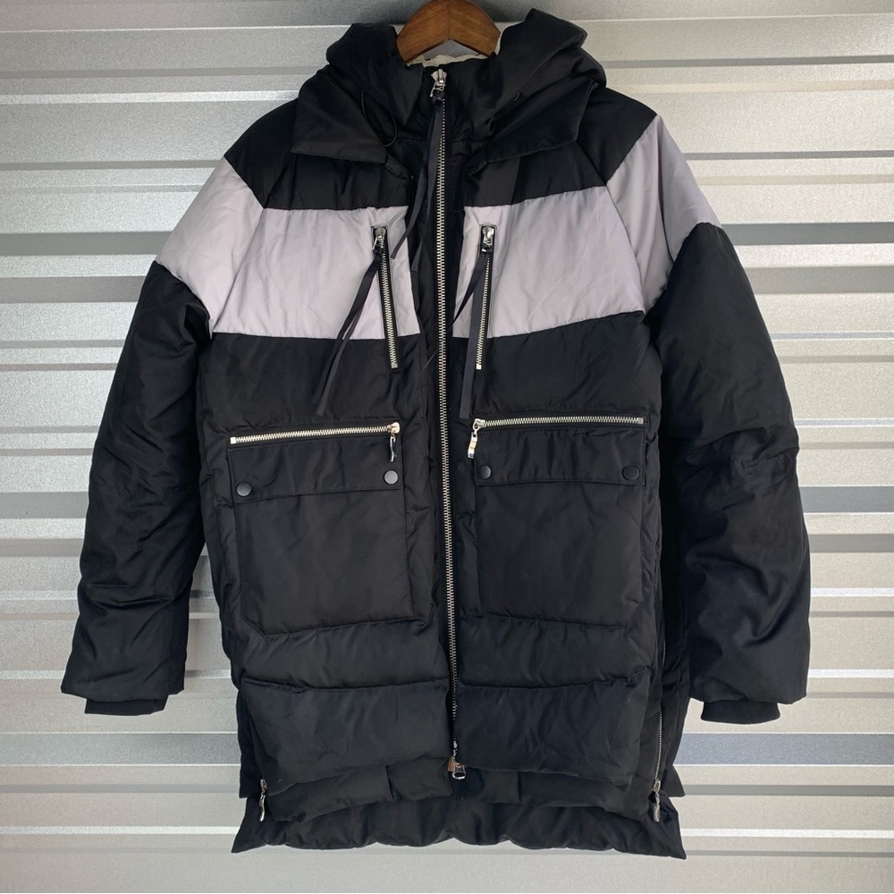 Black with Grey Color Blocking Oversized Puffer Down Sherpa Hooded Coat Medium